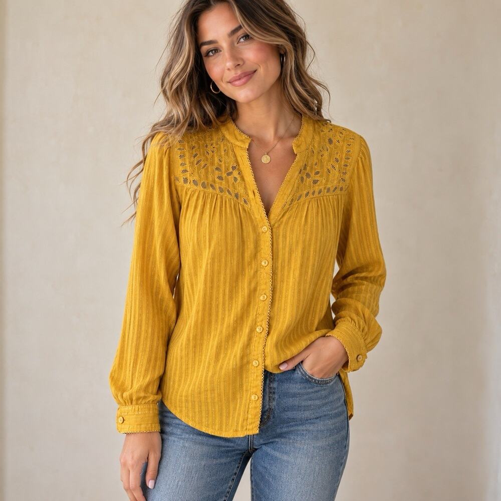 Anthropologie Pilcro Blouse Womens 10 Mustard Yellow Eyelet Embroidered Boho Top